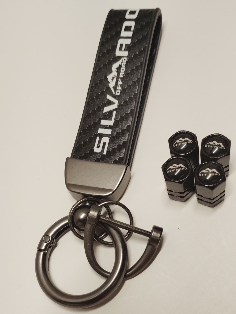 Silverado Off Road Key Chain & 4 Black Off Road Valve Stem Caps NEW!